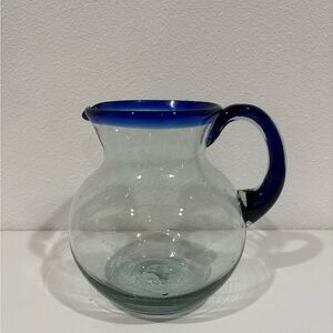 Hand blown Mexican  Blue Rim Glass Pitcher 8” tall